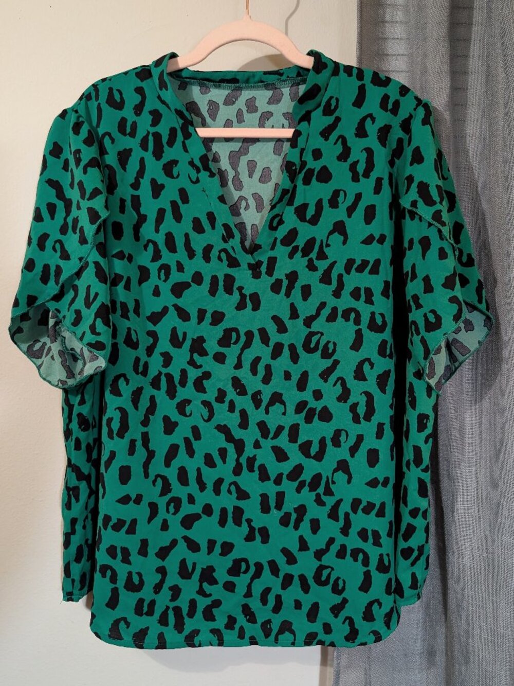 Green Flutter Sleeve Blouse Patterned Print Shein Size 3XL